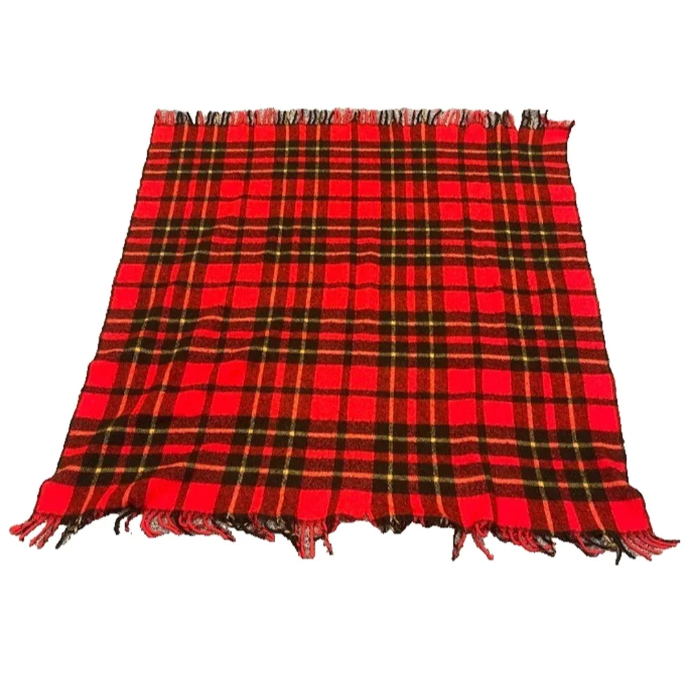 Vintage Faribo Fluff Loomed Wool Blanket Orange Plaid Throw 52‎ x 56 Fringe USA
